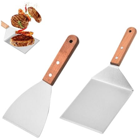 Granmagazz Spatola da Grill Professionale 2Pcs Acciaio Inox Manici Legno Pressa Hamburger Teppanyaki Barbecue Bistecca Pizza