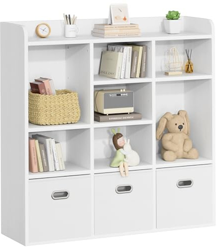 Roomark Bücherregal, Offenes Bücherschrank, Regal Holz Standregal, Würfelregal Weiß mit 10 Fächern & 3 Stoffschubladen, Büroregal für Büro Schlafzimmer Wohnzimmer, 108x33x113 cm