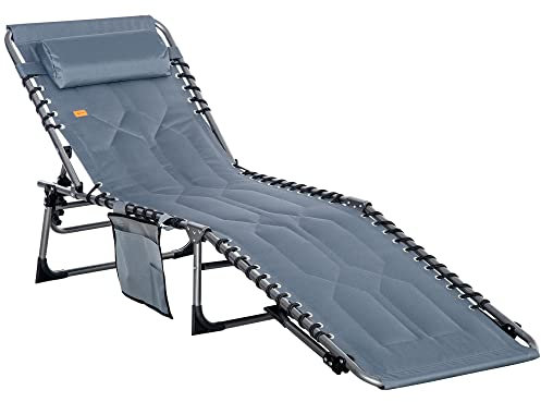 Outsunny Sonnenliege, klappbar Gartenliege mit Kopfkissen, Seitentasche, Liegestuhl mit 5-Fach verstellbare Rückenlehne, wetterfeste Campingliege bis 130 kg belastbar, für Garten Strand Pool, Grau