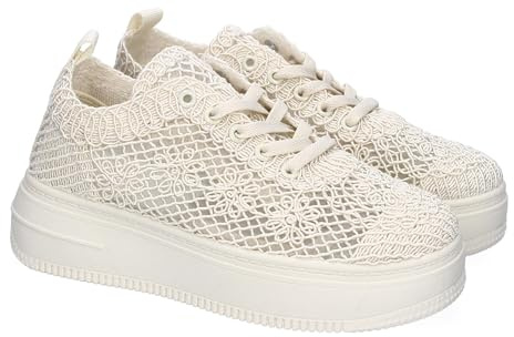 91423 Zapatillas Casual para Mujer, Comdodas y Elegantes, Diseno de Encaje con Adornos Florales Bordados, Cierre de Cordoneras, Ideales para Primavera-Verano. Beige Talla 39
