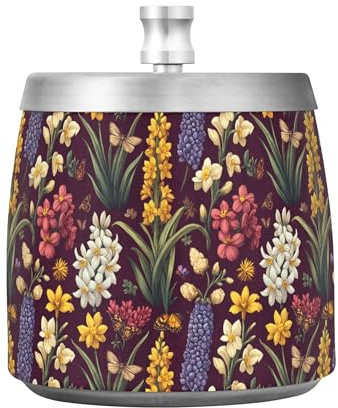Posacenere per sigari con fiori primaverili, giacinti narcisi, farfalle, api, in acciaio bordeaux, con coperchio, per interni ed esterni, per patio, portatile, antiscivolo, per la casa o la