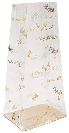 Ideen mit Herz Blockbodenbeutel | Folien-Druck gold | elegante Geschenk-Verpackung | Keks-Tüte | lebensmittelecht | 12 cm x 8 cm, 25 cm | 30 Stück (Herzlichen Glückwunsch)