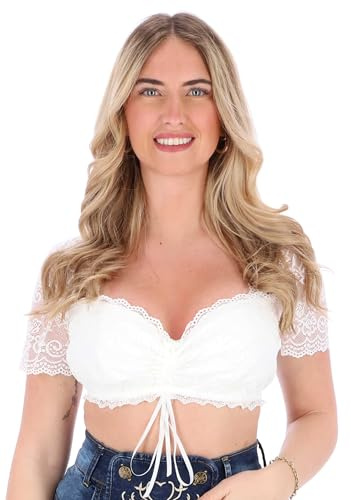 Steigenhöfer Manufaktur Dirndl-blus dam med justerbar rosett – gina – mjukt tyg med behaglig känsla – Dirndlblus för Oktoberfest och Wiesn – kortärmad traditionell blus, Vit, 32