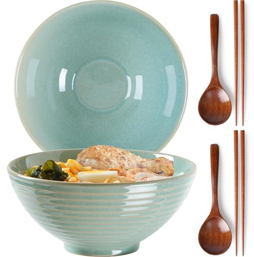 NUTRIUPS Ramen Bowl Set of 2-1200ml Ceramic Ramen Bowl, Japanese Style (Mossy Glaze)