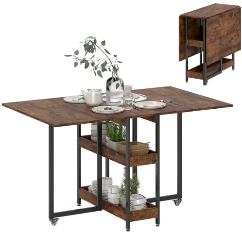HOMCOM Esstisch Klappbar für 2-4 Personen 133,4x80x75 cm Rustikal-Braun | Küchentisch, 2 Offenen Ablagen, Esszimmertisch Klapptisch, Rollen, für Kleine Räume, Esszimmer, Küche