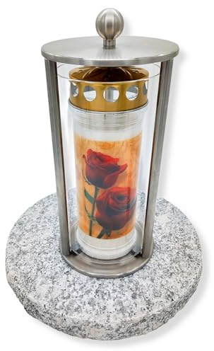 Grablaterne aus Edelstahl auf Granitstein inkl. 7 Tage Kerze – Wetterfeste Grablampe, Grablicht, Grableuchte, Outdoor, Grabschmuck, für Friedhof
