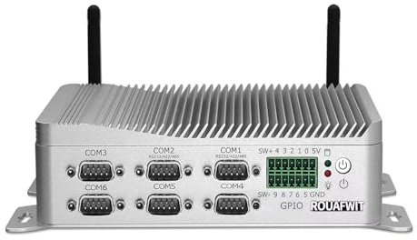 ROUAFWIT Mini PC Industrial Sin Ventilador N100, DDR5 NO RAM NO SSD, 6 Puertos COM (2 RS485/RS422), 2 LAN 2,5 GbE, 10x GPIO, Pantalla HD+VGA, para IoT Industrial/Computación Perimetral