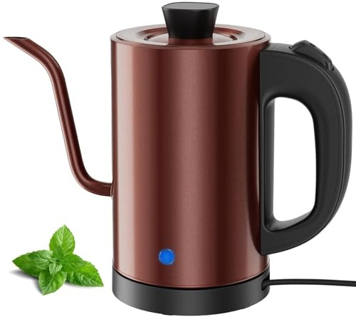 Hervidor Eléctrico Cuello de Cisne 0,8L, Acero Inox 304 Sin BPA, 600W Calentamiento Rápido, Diseño Compacto Cobre con One-Touch y Apagado Auto, Ideal para Hogar, Oficina, Amantes Café/Té