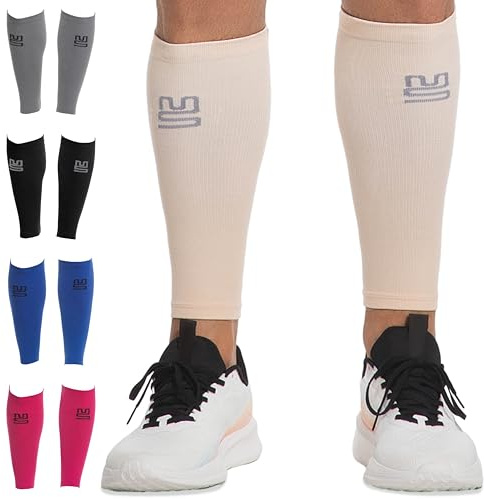 Modetro Sports Gambali a compressione per polpaccio da uomo e donna - 20-30 mmHg, calze per gambe senza piedi 1 confezione - Supporto per polpacci per la corsa, Beige, Small/Medium