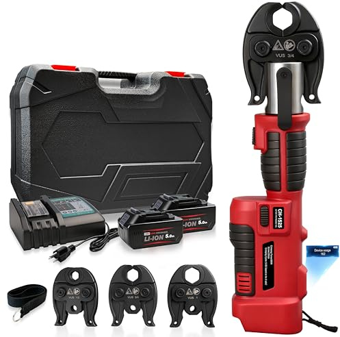 18V 50kN Pro Press Tool, Electric Pipe Crimper with 1/2, 3/4, 1 Jaws Hydraulic Battery Copper/Stainless Steel Tubes Crimping Tools, Brushless Motor, 2x5AH Batteries, Fast Charger & Carrying Case