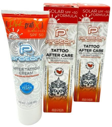 2x Proton Tattoocreme mit UV/Sonnenschutz LSF50 2x 40ml - Vegan - INKgrafiX® Profi Pflege Aftercare Tattoo Creme - 10% Centella, 5% Panthenol