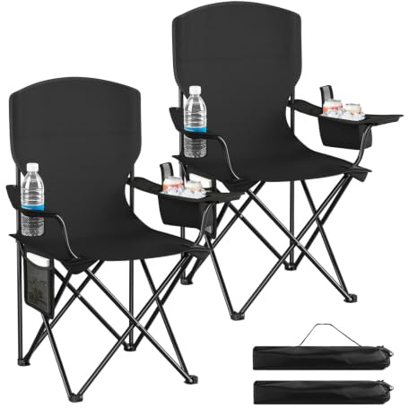 WOLTU Campingstuhl 2er Set Klappstuhl Faltbar bis 130 kg Belastbar mit Getränkehalter Seitentasche & Kühltasche, Outdoor Angelstuhl Camping Klappstuhl für Strand Angeln,Schwarz