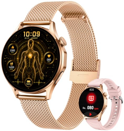 Smartwatch Damen mit EKG HRV Blutdruck: Damenuhr ECG PPG Smart Watch Uhr 1,32 Rund AMOLED Armbanduhr IP67 Wasserdicht Herzfrequenz Schrittzähler Telefonfunktion Digital Fitnessuhr für Android iOS