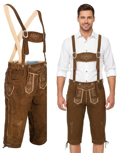 Spirit of Bavaria Lederhose Herren I 100% Echtleder I Trachtenhose mit Trägern I Ideal für Dein Oktoberfest Herren Outfit I Traditionelle Trachtenlederhose für Männer I Dunkelbraun I Gr. 56 I SK3