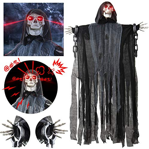 Prextex 152cm Animierter Hängender Grim Reaper mit Schädel und Kettenfesseln für die Gruseligste Indoor Outdoor Dekoration zu Halloween, Garten, Haustür Deko