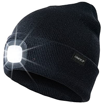 OMOUP 4 LED Stirnlampe Beanie Mütze, Winter warme Beanie Hut Hände frei beleuchtete Beanie Mütze (Schwarz)