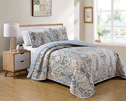 Kids Zone Home Linen Bedspread Set Damask Pattern Light Blue White Beige and Brown New (Full/Queen)