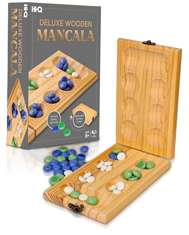 Hi-Q Solid Wood Deluxe Mancala - Folding Board Game w Metal Latch and Glass Marbles- Portable Strategy Travel Game - Recommended Ages 6+