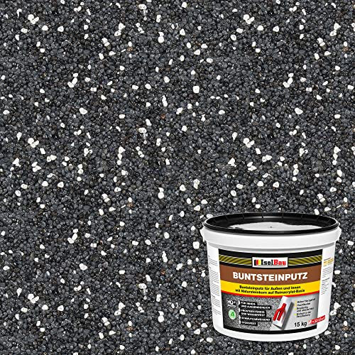 Isolbau Plâtre à la pierre colorée pour l'extérieur et l'intérieur (anthracite/graphite, blanc) 15 kg – BP35 Enduit décoratif en mosaïque résistant au gel, à l'eau et aux chocs