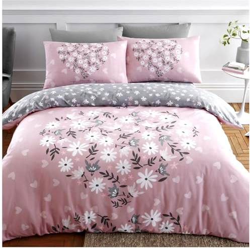 GC GAVENO CAVAILIA Printed Floral Hearts Single Duvet Cover Set, Blush Pink | With Matching Pillow Case, Heart Bedding Sets, Reversible, Polycotton, Ditsy Flowers Quilt Cover