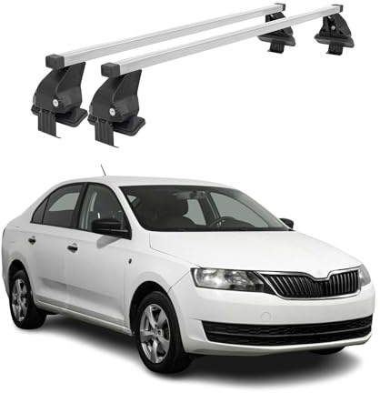 OMAC Dachträger Querträger Stahl für Skoda Rapid 2012-2019 – Abschließbar – City-Crash-getestet – DIN 75302:2019 – ISO/PAS 11154:2006 – Max. 50 kg Silber