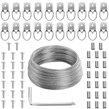 Mr. Pen- Picture Hanging Kit, 100 Feet Stainless Steel Braided Hanging Wire, 20x D Ring Picture Hangers with Screws and 20x Aluminum Crimping Loop Sleeve for Canvas Paintings, Photo Frames