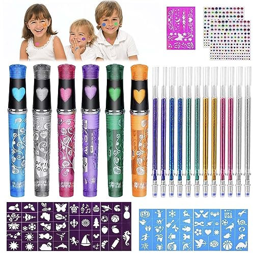 Mkitnvy 6 Rotuladores Tatuajes Niños,Tatuajes Purpurina, Kit de Tatuajes Temporales para Niñas, con 9 Plantillas+2 Pegatinas de Diamantes, Juego Niña Niño para Fiesta Halloween Cumpleaños