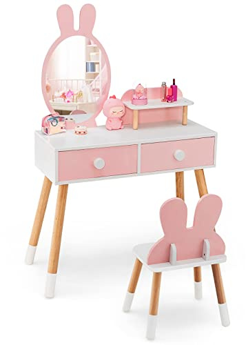 HONEY JOY Kids Vanity, Rabbit Themed Toddler Wooden Makeup Table and Chair Set w/2 Large Drawers, Beech Wood Legs, Princess Dressing Beauty Table, Girls Vanity Set with Mirror and Stool (Pink)