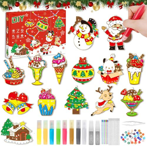 MEISHANG Kristallsjälvhäftande målning jul, jullig kristalllimmålning, gör-det-själv kristallfärger konst och pysselset med 14 mallar, kristallfärger pysselset jul, kristallmålning set jul