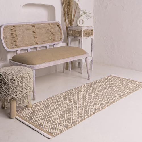 RAJRANG Baumwoll Runner Teppich183 x 61 cm Kandiertes Ingwer-Beige Geometrisches Muster Reversibler Teppich für Schlafzimmer Küche Eingangsflur Badezimmer