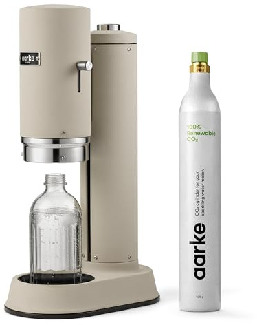 Aarke Carbonator Pro, Sparkling & Carbonation Water Machine, Stainless Steel with Glass Reusable Bottle Volume 800 mL/27 fl oz and CO2 Cylinder (Sand)