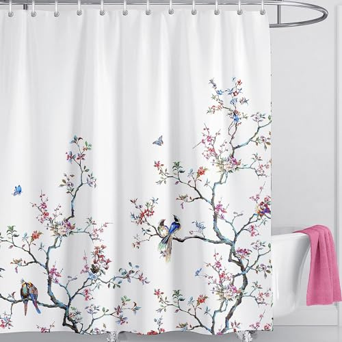 LIVETTY Vit fågel extra lång duschdraperi 180 cm × 210 cm fall blommig fjäril tyg badrum mögelsäkert vår tvättbart duschdraperi med 12 krokar