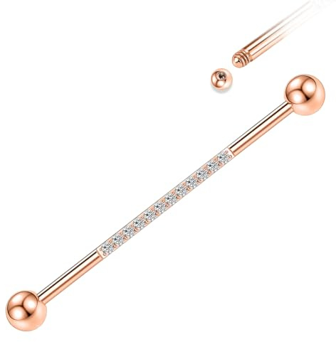 HENYQANN Industrial Piercing 14G Industrial Barbell Chirurgenstahl 38mm Helix Piercing Industrial Bar Conch Ohrring Barbell Knorpelohrring Würfel Zirkon für Herren Damen