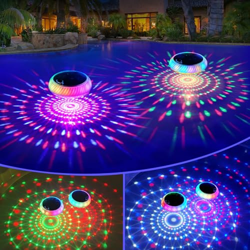 FirstE Solar Floating Pool Lights, 7.6 Dynamic Upper and Lower RGB Color Changing Floating Lights for Pool, IP68 Waterproof Solar Pool Light that Float Decor Hot Tub Party Wedding Pond Garden Yard