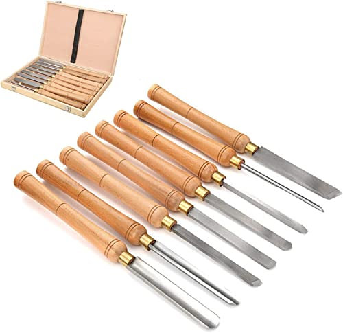 OLSKFUH Ensemble De 8 Ciseaux À Bois pour Tournage, Outils De Tournage du Bois en Acier Rapide avec Manche en Noyer Et Boîte De Rangement en Bois pour Débutants Et Avancés,