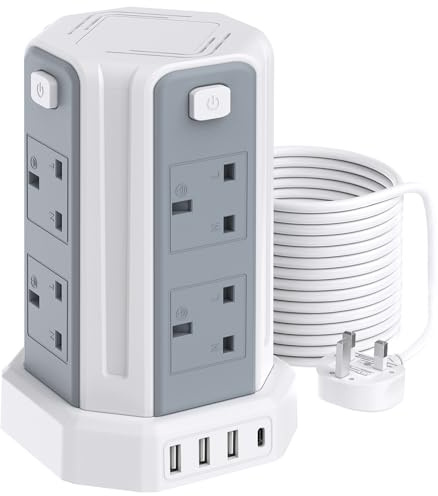 Tower Extension Lead 10M, 8 AC Outlets and 4 USB Ports Extension Tower | Extension Lead Usb Slots with 4 Independent Switch, 17W USB C Ports Extension Cable 10M for Office, Home(13A 3250W)