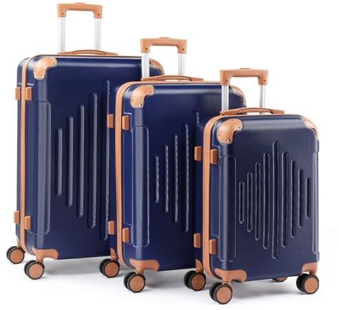 HOBBYZOO Suitcase Sets 3 Piece, Hardside ABS Lightweight Luggage Sets, Durable Trolley Travel Cabin Suitcase with Spinner Wheels & Inbuilt Locks for Business Trip, 20 24 28 - Navy Blue & Brown