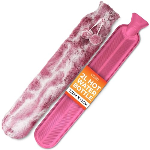 Long Hot Water Bottle 2L - Plush Hot Water Bottle with Pink Cover for Period Pain Relief & Back Pain - Luxury & Washable Hot Water Bag 72cm