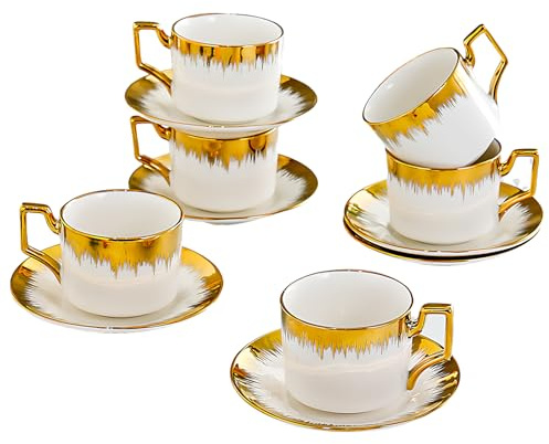 Tassen Set 6er mit Untertassen – Kaffeetassen Set aus Keramik 200ml – Weiß mit Goldrand – Dickwandige Tassen mit Henkel – Spülmaschinenfest – Porzellan Stil Geschenkidee