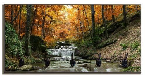 Wallario Wandgarderobe aus Holz in Größe 80 x 40 cm in Premium-Qualität, Motiv: Kleiner Bach über Steine im Herbstwald | 5 Kleiderhaken zum Aufhängen