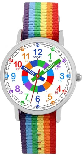 Brecjon Kinder Armbanduhr Jungen Lernuhr Einschulung Textil Armband analog Quarz bunter Regenbogen 6522