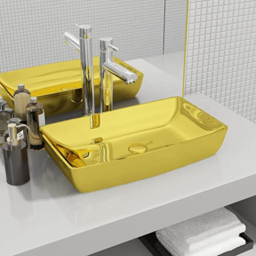Lavabo Rectangulaire with Céramique, Finition Brillante, Vasque à Poser Salle de Bain, Lavabo Salle de Bain, Meuble Vasque Salle de Bain, Or, 71 x 38 x 13.5 cm