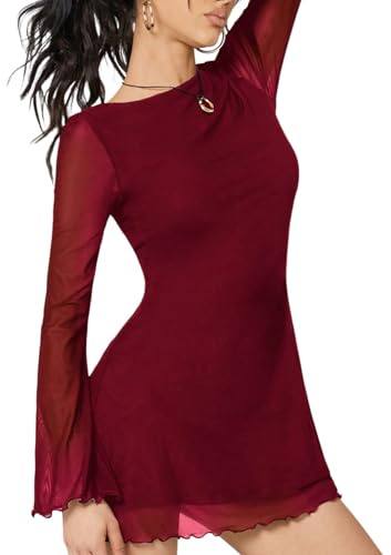 Milumia Women's Boat Neck Mesh Long Bell Sleeve Mini Dress Y2k Going Out Short Dresses 2026 Spring Deep Red Small