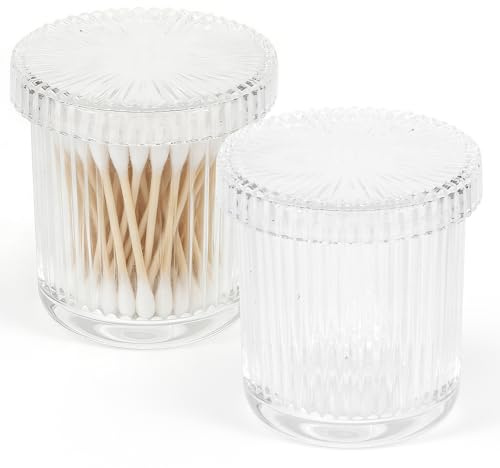 Bryzal Cotton Bud Holder, 2Pcs Transparent Cotton Pad Holder, Swab Holder Organizer, Vertical Striped Glass Bathroom Storage Box, Cotton Bud Dispenser for Bathroom and Bedroom Home Storage