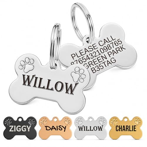 Personalised Dog Tags for Pets Engraved UK — Stainless Steel Bone Dog Tag ID, Deep Laser Engraved Custom Name, Double-Sided, Rust-Proof, Paw Design — With Your Touch (Silver)