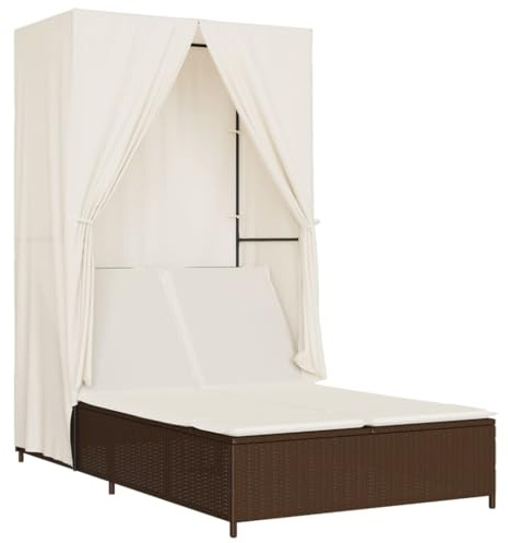 Fisinber Doppel-Sonnenliege mit Dach und Vorhängen Braun Poly Rattan Gartenliege für 2 Personen 4-Fach verstellbare Rückenlehne Sonneninsel mit Polsterauflagen 104 x 197 cm
