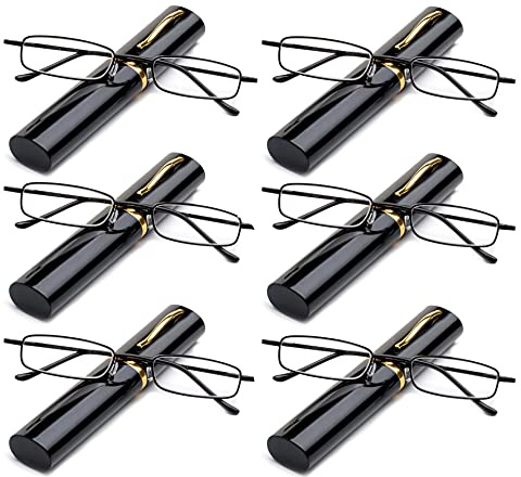 Newbee Fashion Reading Glasses 6 Packs Pocket Readers Ultra Compact Spring Portable Pocket Aluminum Tube Black +1.50