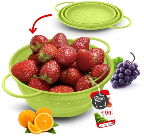 Coolinato – Sieb aus Silikon faltbar 20 cm Grün – Nudelsieb für Pasta, Gemüse & Obst - Küchensieb spülmaschinenfest, BPA-frei, & hitzebeständig bis 230°C - Platzsparendes Abtropfsieb zusammenklappbar