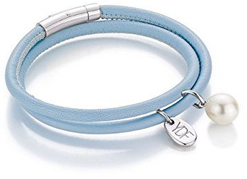 YoungDiamondFashion YDF Original Happy-Pearl Damen Lederarmband hellblau mit echtem Diamant 0,01 Carat echte Perle 925 Sterlingsilber Länge 18,5 cm