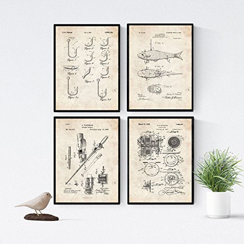 Nacnic Angelrute Patent Poster 4er-Set. Vintage Stil Wanddekoration Abbildung von Angeln und Alte Erfindungen. Verschiedene nautische Fischen Bilder ohne Rahmen. Größe A4.